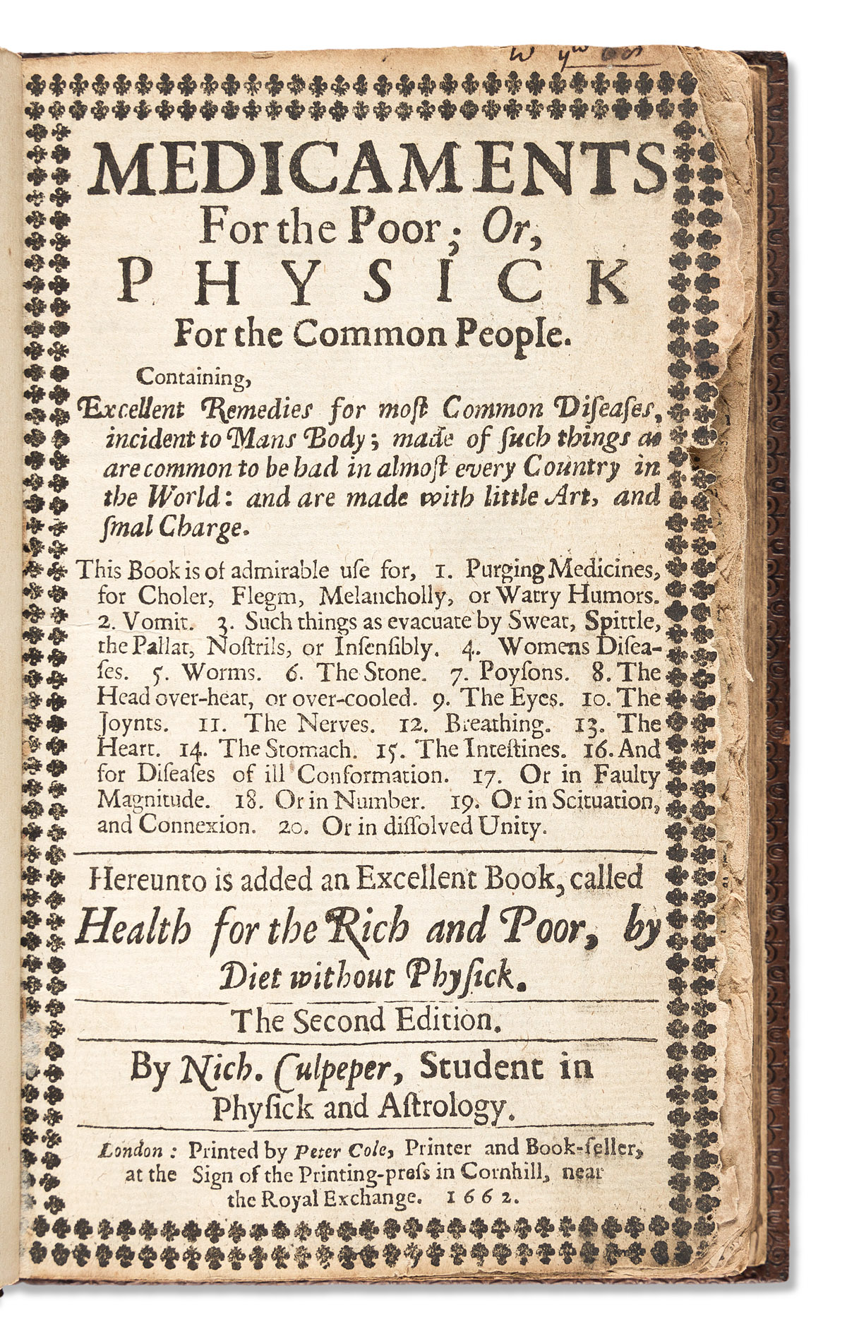 Prevost, Jean (1585-1631) trans. Nicholas Culpepper. Medicaments for the Poor; or, Physick for the Common People.